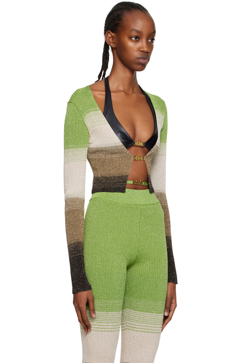 Rib knit viscose-blend cardigan. Gradient pattern, stripes, and metallic thread detailing throughout.

· Scoop neck
· Flip-clasp fastening at open front

Supplier color: Military green