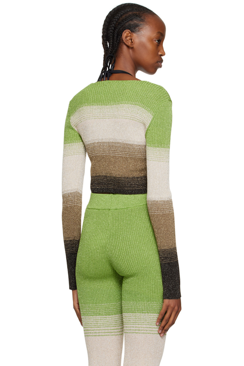 Rib knit viscose-blend cardigan. Gradient pattern, stripes, and metallic thread detailing throughout.

· Scoop neck
· Flip-clasp fastening at open front

Supplier color: Military green