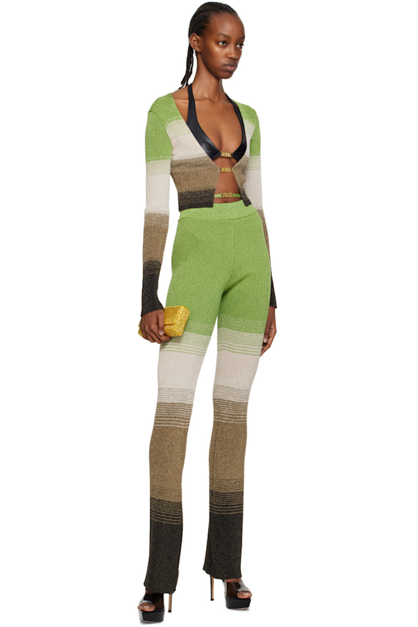 Rib knit viscose-blend cardigan. Gradient pattern, stripes, and metallic thread detailing throughout.

· Scoop neck
· Flip-clasp fastening at open front

Supplier color: Military green