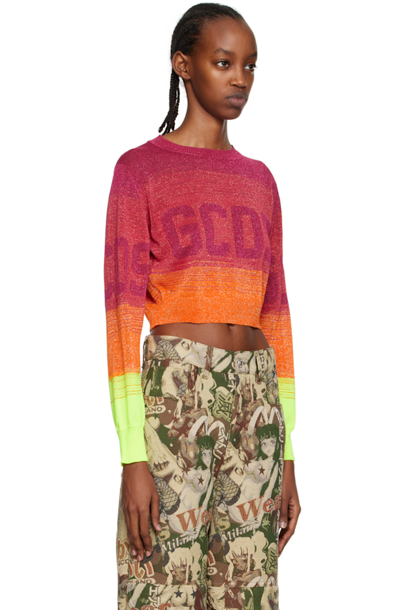 Rib knit viscose-blend sweater. Gradient pattern, jacquard logo, and metallic thread detailing throughout.

· Crewneck
· Cropped hem

Supplier color: Fuchsia