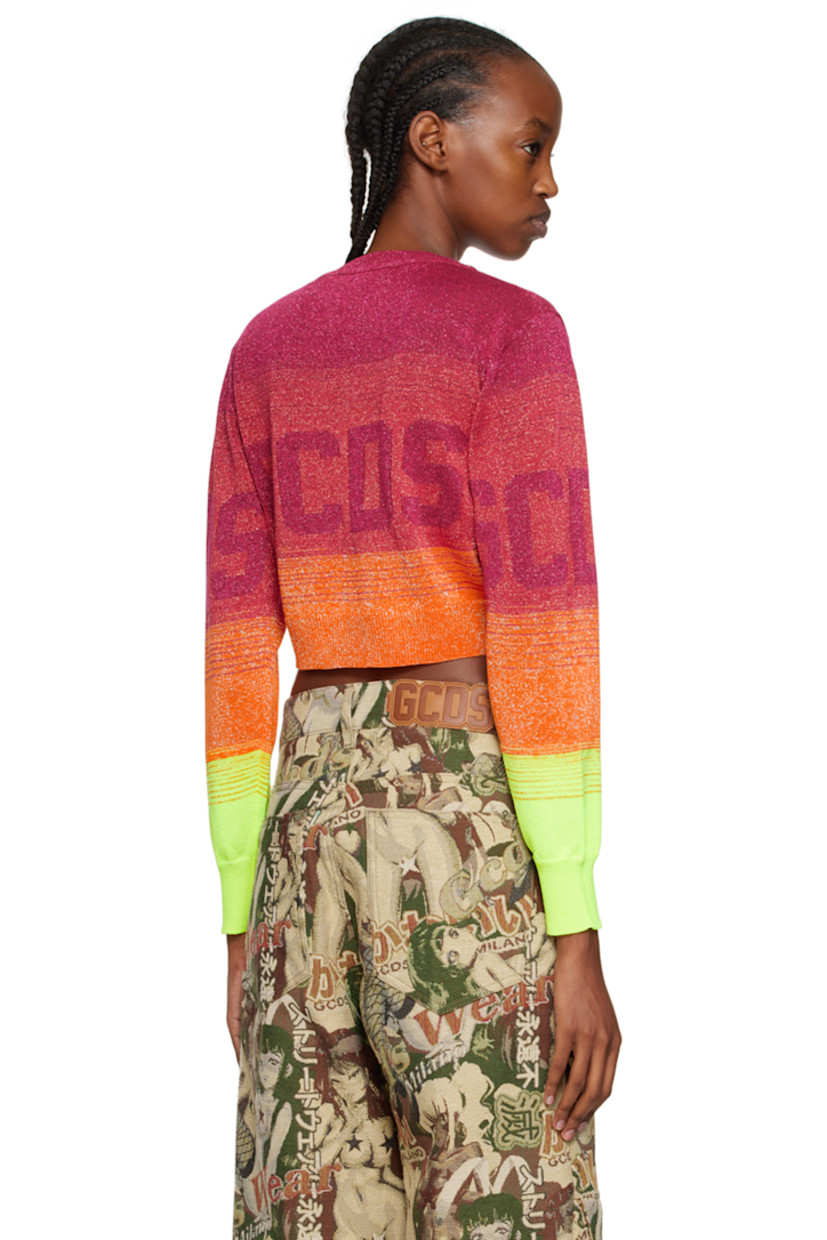 Rib knit viscose-blend sweater. Gradient pattern, jacquard logo, and metallic thread detailing throughout.

· Crewneck
· Cropped hem

Supplier color: Fuchsia