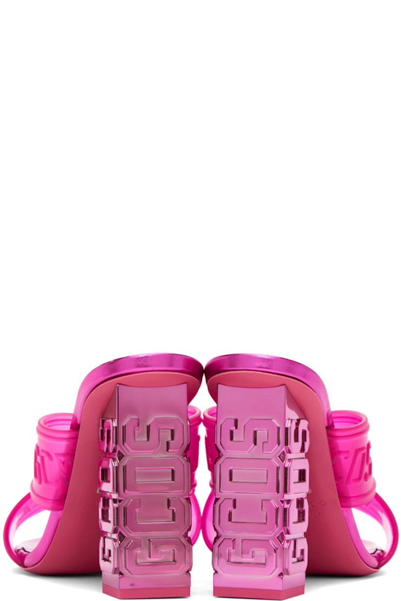 TPU heeled sandals in pink. 

· Open square toe
· Logo-embossed criss-crossing straps at vamp
· Padded calfskin footbed
· Logo embossed at covered block heel
· Leather sole 
· Heel: H3.5 in

Supplier color: Fucsia