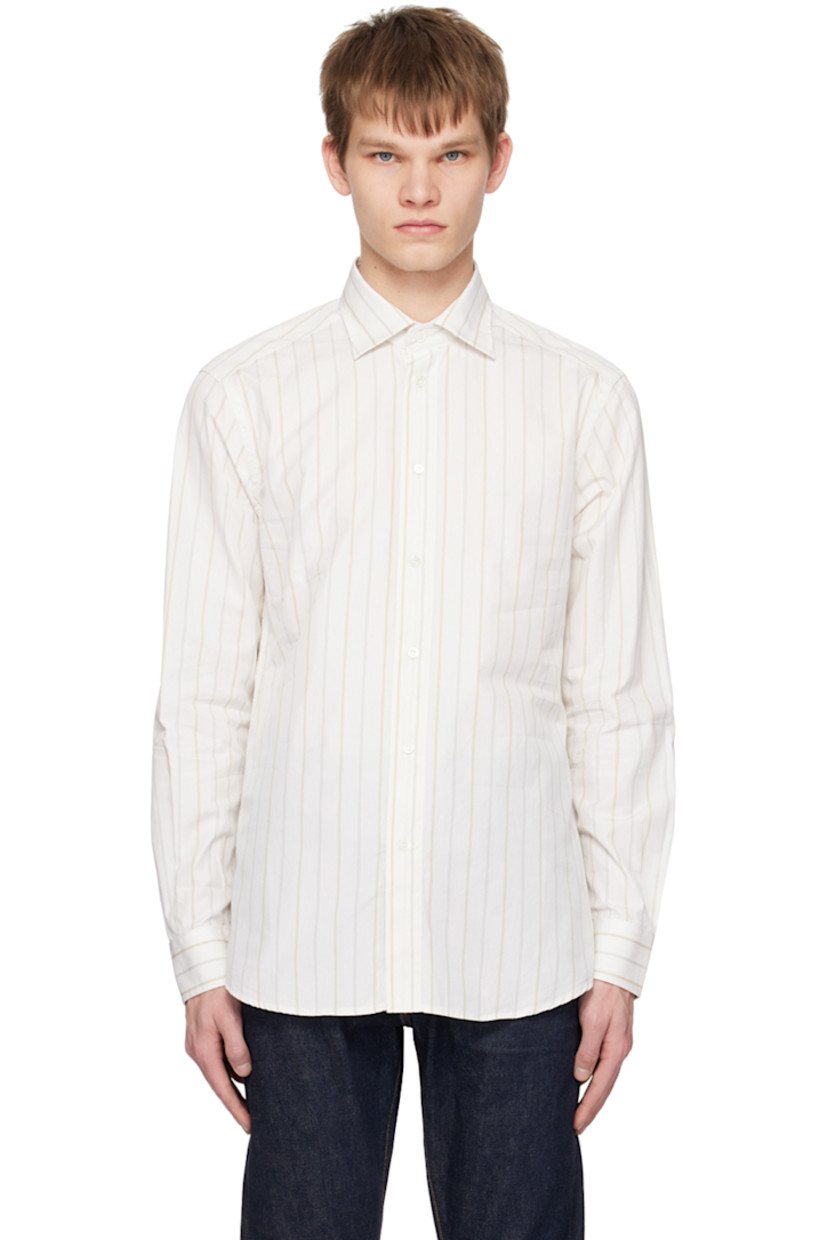 Cotton poplin shirt. Stripes throughout. 

· Spread collar
· Button closure
· Shirttail hem
· Single-button barrel cuffs
· Mother-of-pearl hardware

Supplier color: Off-white