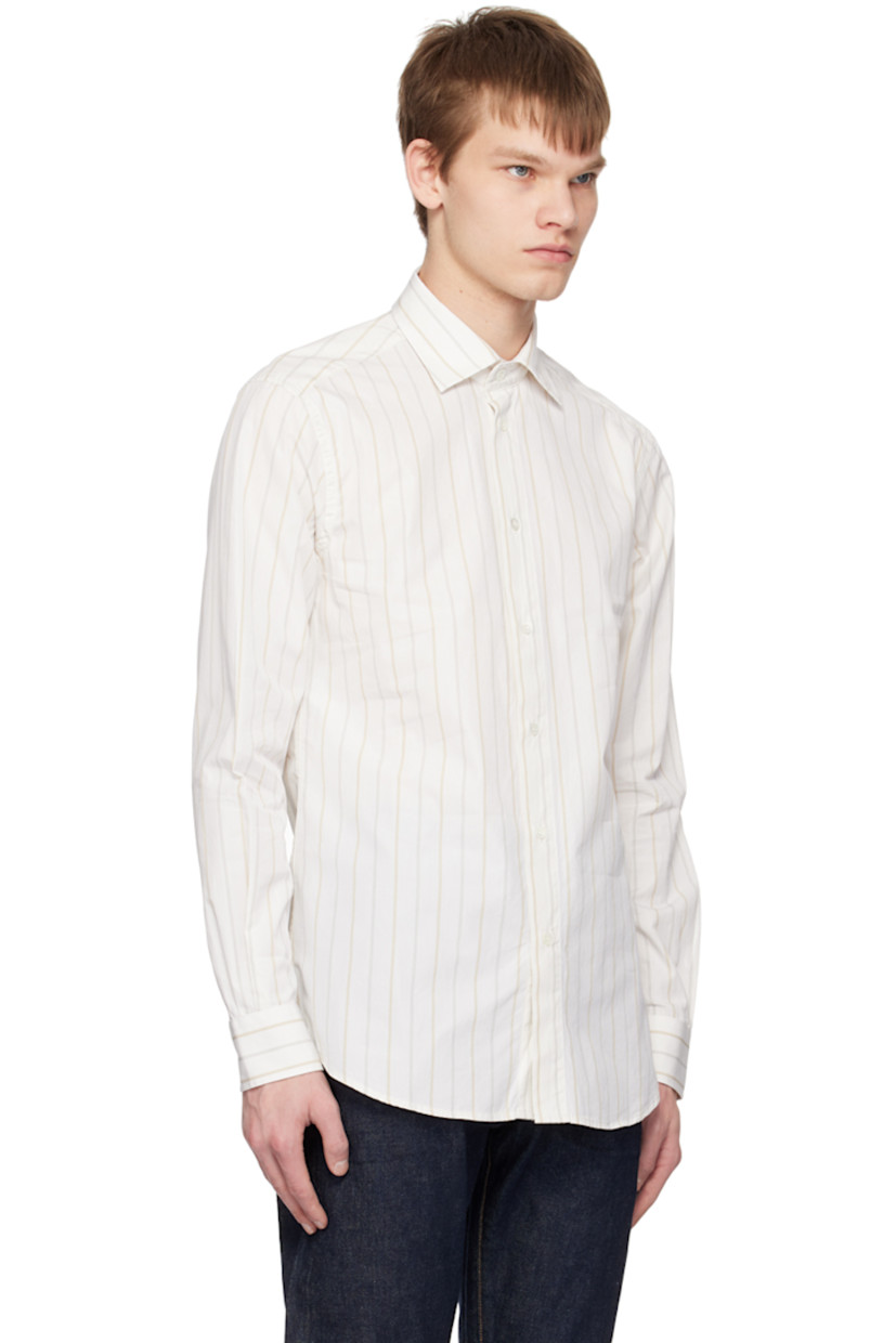Cotton poplin shirt. Stripes throughout. 

· Spread collar
· Button closure
· Shirttail hem
· Single-button barrel cuffs
· Mother-of-pearl hardware

Supplier color: Off-white