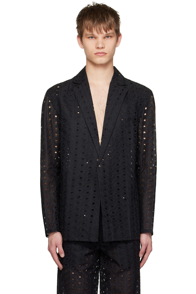 Semi-sheer cotton broderie anglaise blazer. Embroidered detailing and crystal-cut accents throughout.

· Notched lapel
· Press-stud closure
· Central vent at back hem
· Unlined

Supplier color: Black