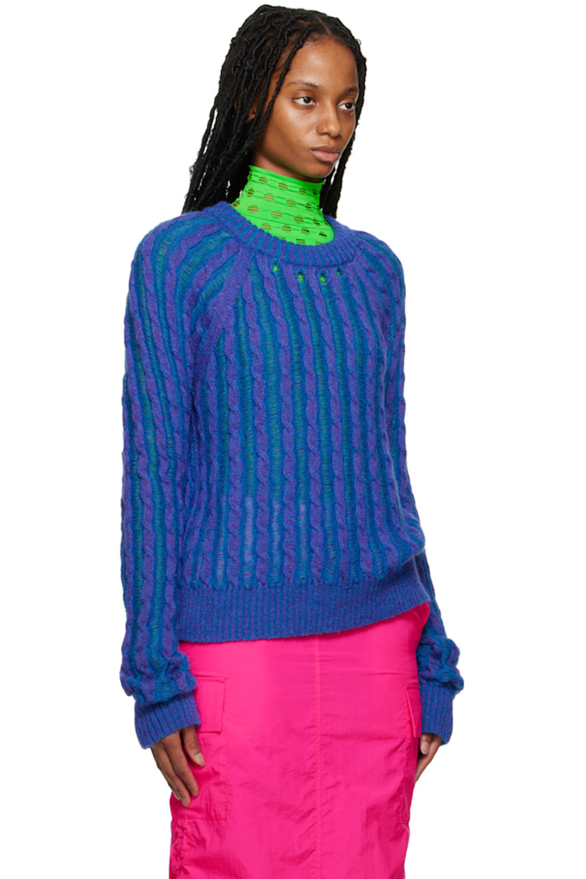 Semi-sheer cable knit mohair-blend sweater. Laddering throughout.

· Rib knit crewneck, hem, and cuffs
· Raglan sleeves

Supplier color: Navy