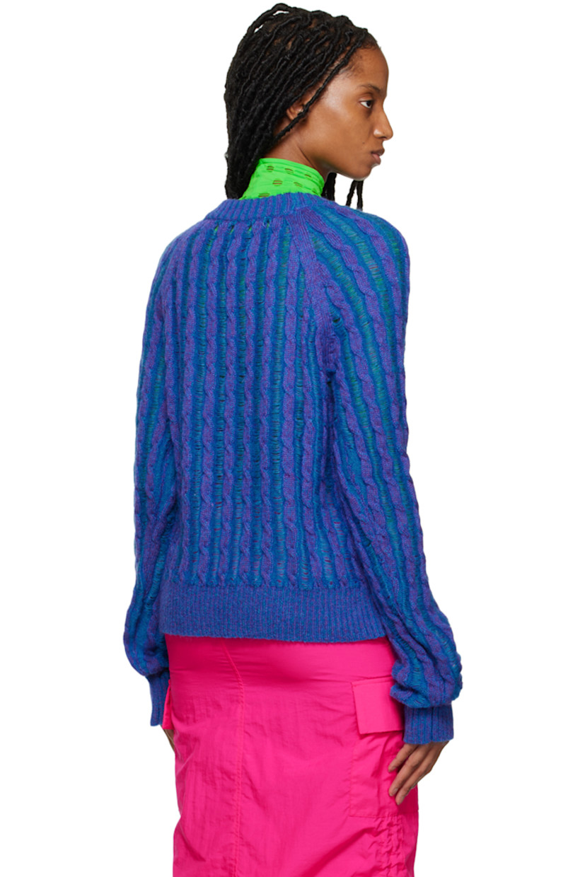 Semi-sheer cable knit mohair-blend sweater. Laddering throughout.

· Rib knit crewneck, hem, and cuffs
· Raglan sleeves

Supplier color: Navy