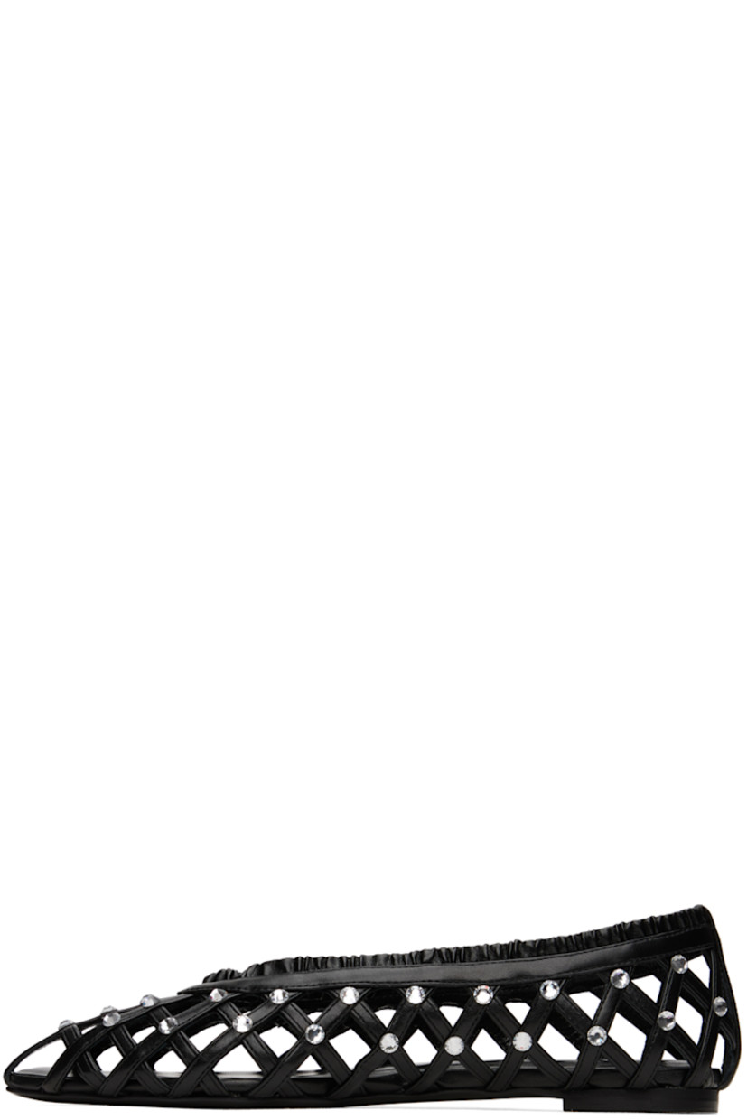 Buffed nappa leather ballerina flats in black. Crystal-cut hardware and cutouts throughout. 

· Pointed toe
· Ruffled trim at vamp
· Logo embossed at padded leather footbed
· Leather heel with rubber injection
· Leather outsole

Supplier color: Black