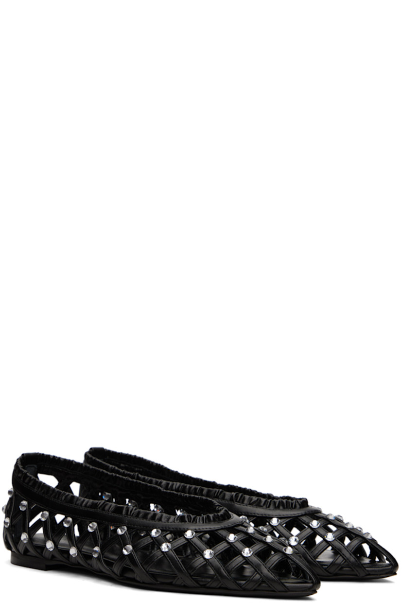 Buffed nappa leather ballerina flats in black. Crystal-cut hardware and cutouts throughout. 

· Pointed toe
· Ruffled trim at vamp
· Logo embossed at padded leather footbed
· Leather heel with rubber injection
· Leather outsole

Supplier color: Black