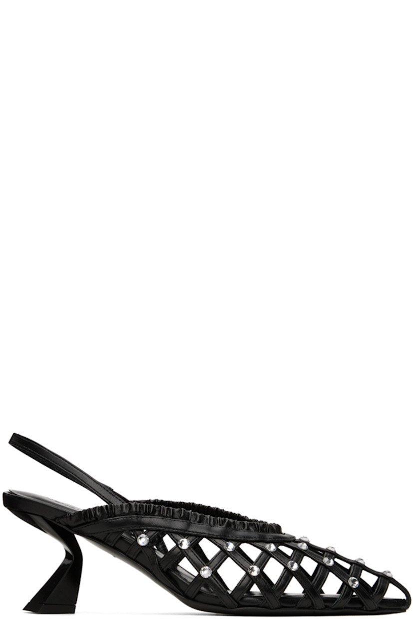 Woven nappa leather heels in black. Crystal-cut accents throughout.

· Pointed toe
· Elasticized slingback strap
· Logo embossed at padded footbed
· Modified kitten heel 
· Leather sole with rubber injection
· Heel: H2.5 in

Supplier color: Black