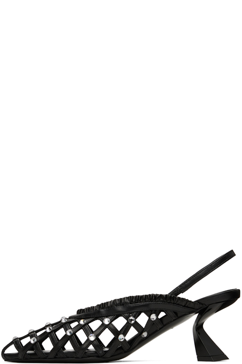 Woven nappa leather heels in black. Crystal-cut accents throughout.

· Pointed toe
· Elasticized slingback strap
· Logo embossed at padded footbed
· Modified kitten heel 
· Leather sole with rubber injection
· Heel: H2.5 in

Supplier color: Black
