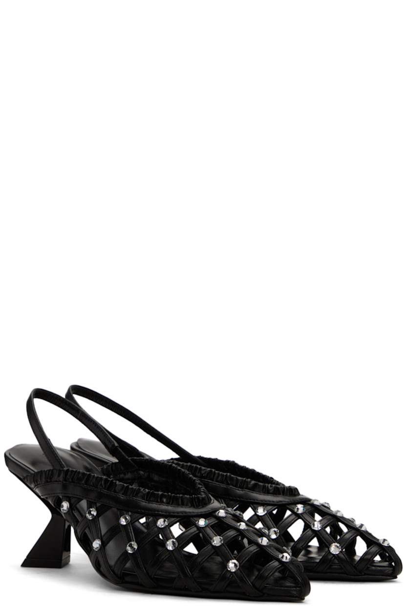 Woven nappa leather heels in black. Crystal-cut accents throughout.

· Pointed toe
· Elasticized slingback strap
· Logo embossed at padded footbed
· Modified kitten heel 
· Leather sole with rubber injection
· Heel: H2.5 in

Supplier color: Black