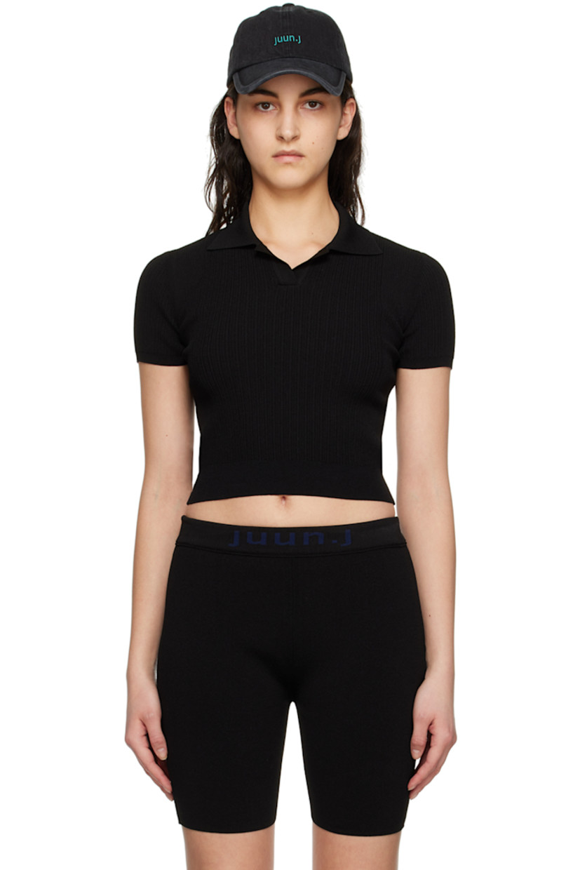 Rib knit rayon-blend polo. Open spread collar. 

Supplier color: Black