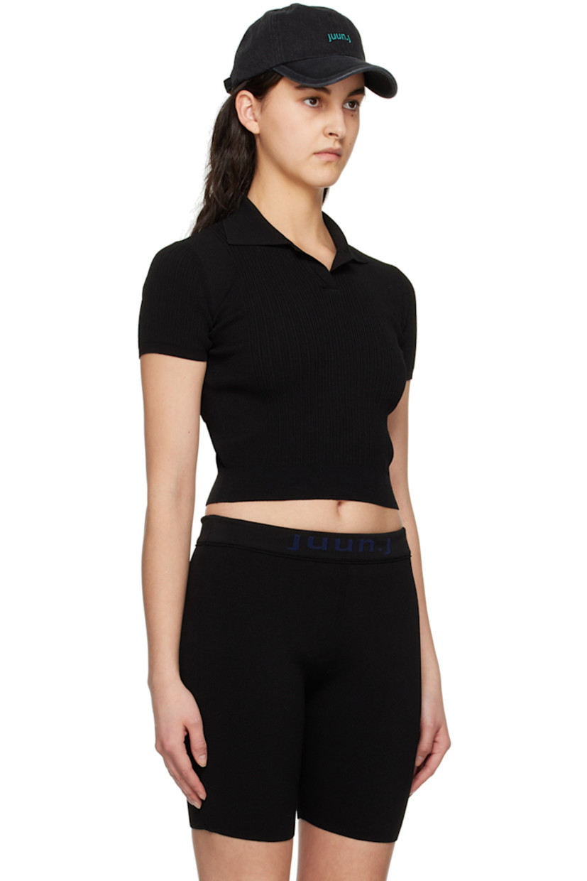 Rib knit rayon-blend polo. Open spread collar. 

Supplier color: Black