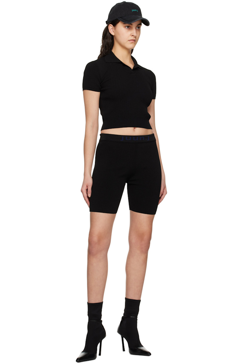 Rib knit rayon-blend polo. Open spread collar. 

Supplier color: Black