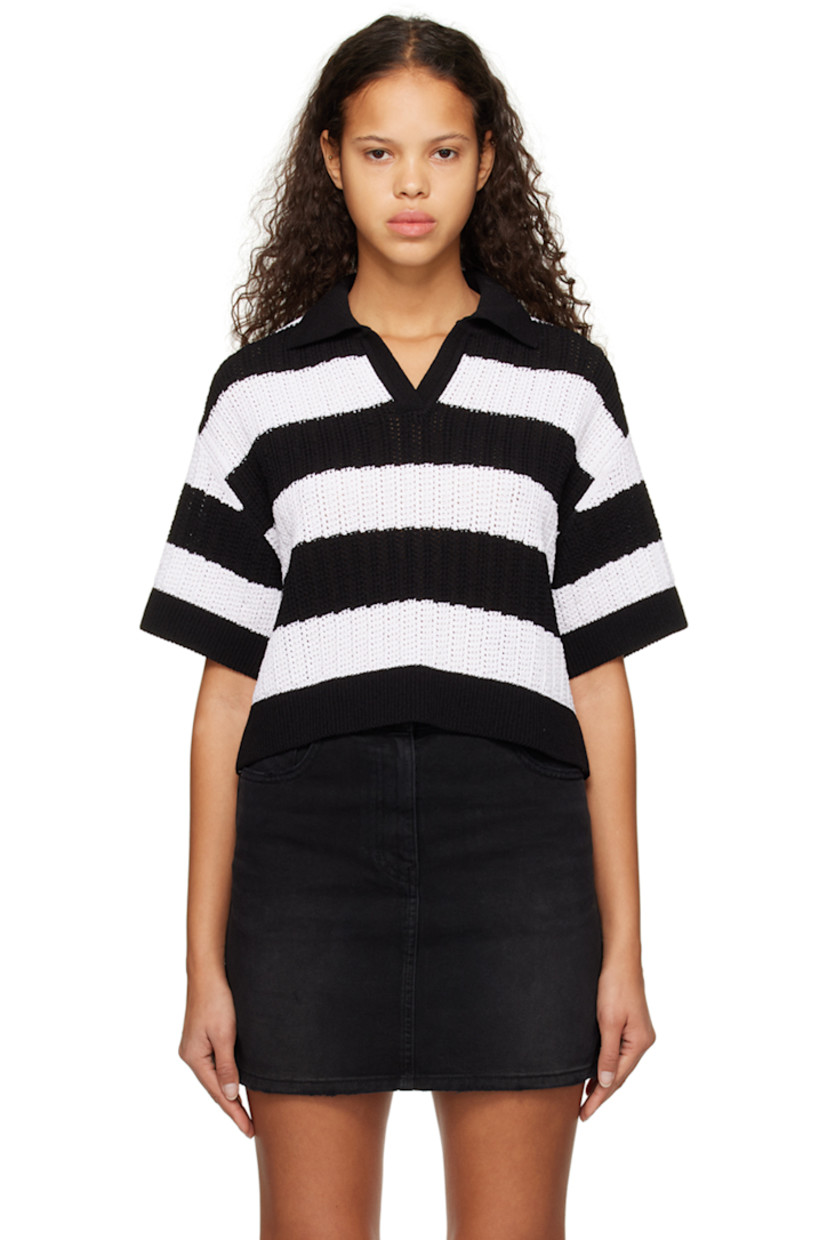 Knit acrylic-blend polo. Jacquard stripe pattern throughout.

· Rib knit spread collar , hem, and cuffs
· Open placket
· Dropped shoulders

Supplier color: Black