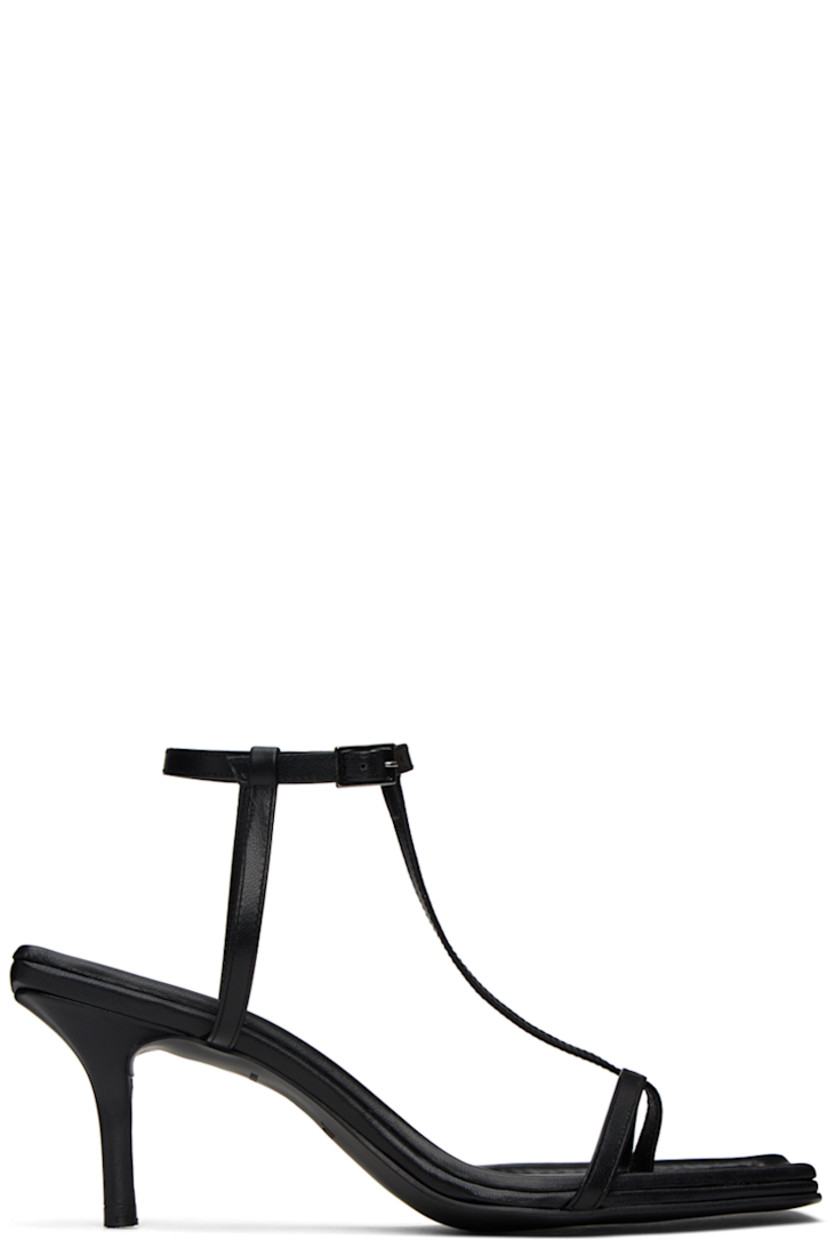 Grained leather heeled sandals in black.

· Open square toe
· Thong-style strap at vamp
· Pin-buckle ankle strap
· Logo embossed at padded footbed
· Covered kitten heel with rubber injection
· Leather sole
· Heel: H2.5 in

Supplier color: Black