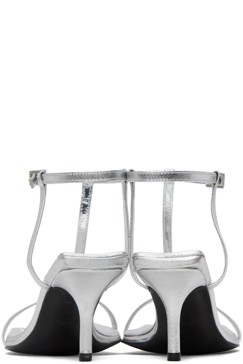 Grained leather heeled sandals in silver-tone.

· Open square toe
· Thong-style strap at vamp
· Pin-buckle ankle strap
· Logo embossed at padded footbed
· Covered kitten heel with rubber injection
· Leather sole
· Heel: H2.5 in

Supplier color: Grey