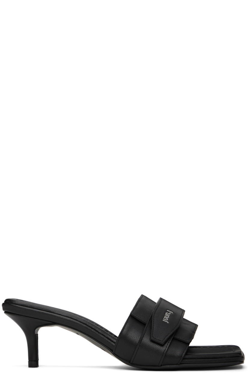 Layered leather heeled sandals in black. 

· Open square toe
· Velcro strap with logo hardware at vamp
· Logo embossed at footbed
· Covered kitten heel with rubber injection
· Rubber sole
· Silver-tone hardware
· Heel: H2 in 

Supplier color: Black