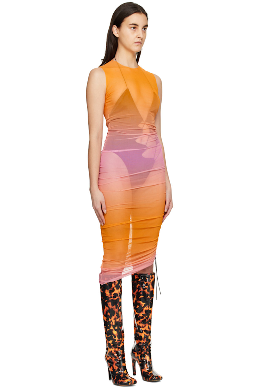 Semi-sheer stretch polyester mesh dress. Graphic pattern printed throughout. 

· Raw edges at crewneck, hem, and armscyes 
· Drawstring fastening and ruching at side seam
· Asymmetric hem 

Supplier color: Fianchetto