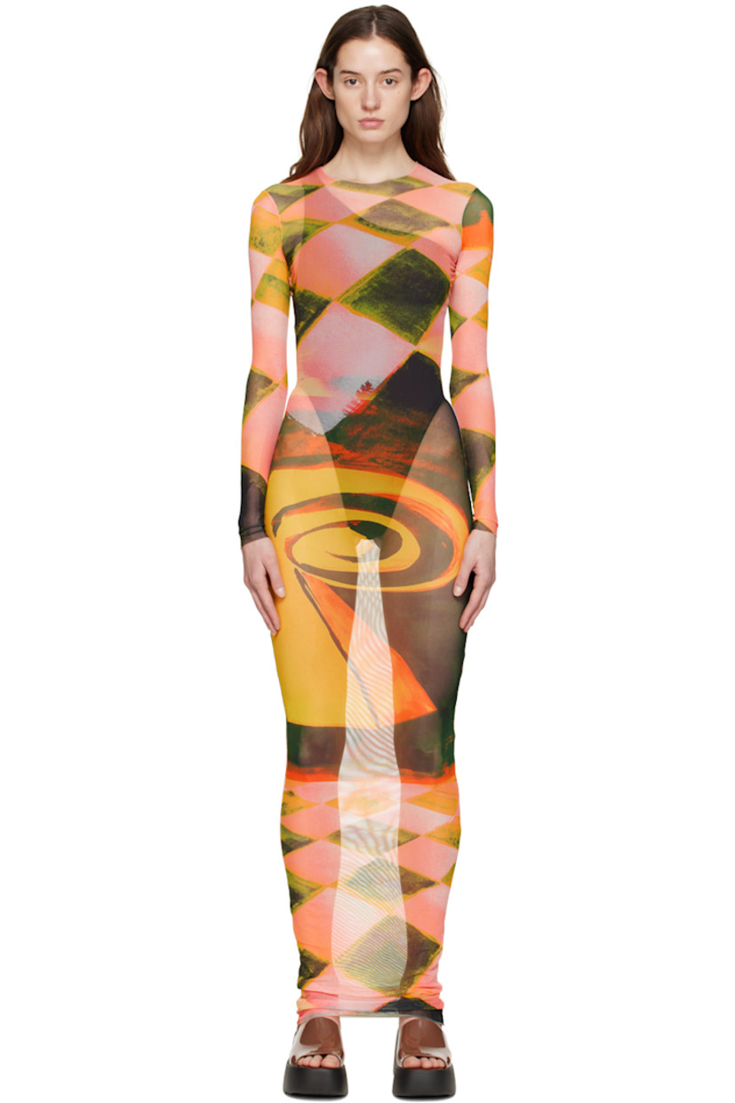 Semi-sheer stretch polyester mesh dress. Pattern printed throughout.

· Raw edge at crewneck, hem, and cuffs
· Unlined

Supplier color: Pink checkmate
