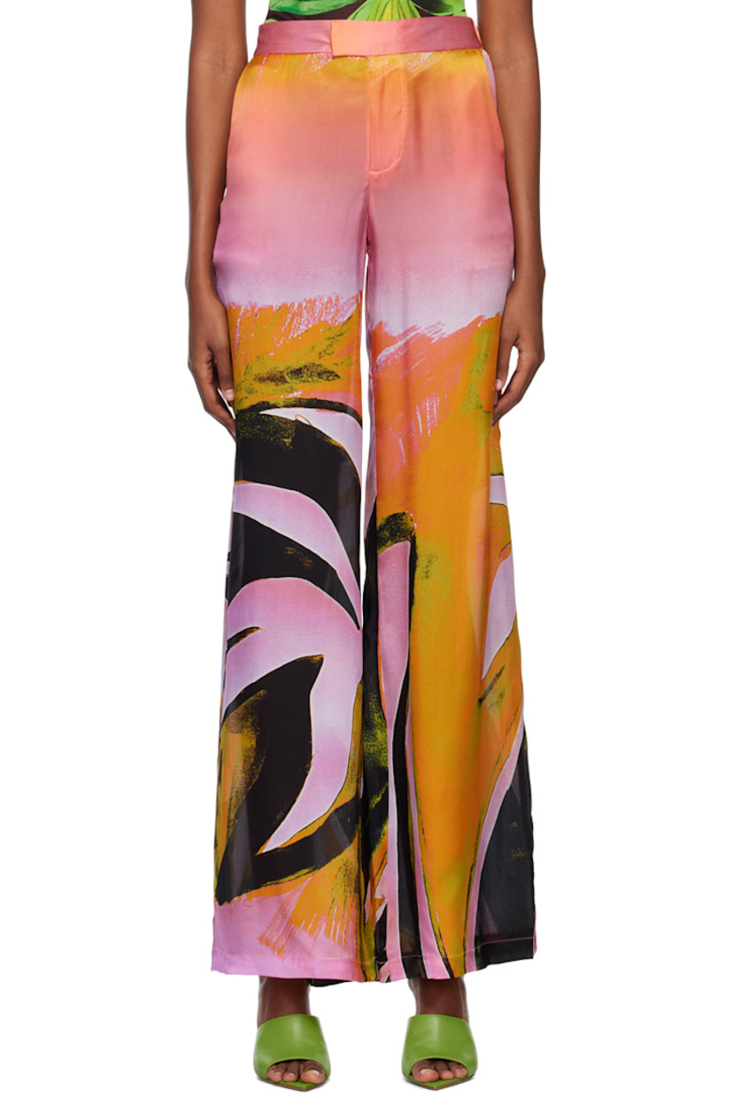 Silk satin trousers. Gradient pattern and graphics throughout. 

· Partially elasticized hem 
· Two-pocket styling 
· Zip-fly 

Supplier color: Caissa