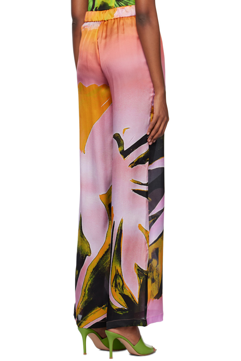 Silk satin trousers. Gradient pattern and graphics throughout. 

· Partially elasticized hem 
· Two-pocket styling 
· Zip-fly 

Supplier color: Caissa