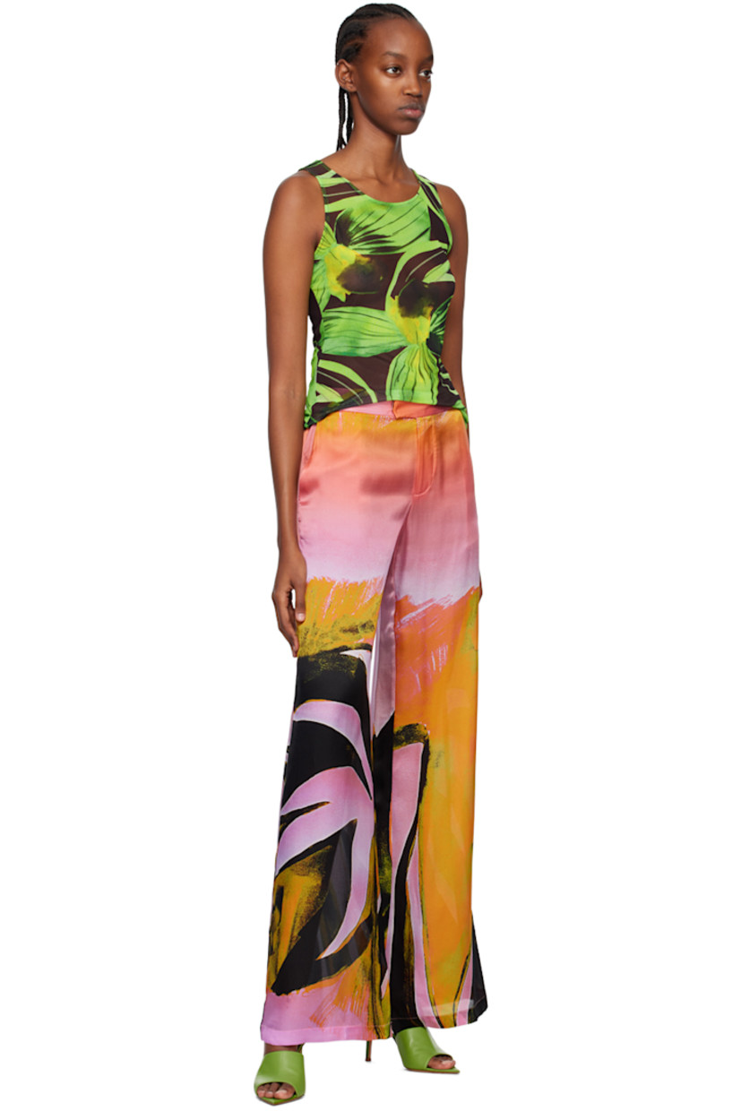 Silk satin trousers. Gradient pattern and graphics throughout. 

· Partially elasticized hem 
· Two-pocket styling 
· Zip-fly 

Supplier color: Caissa