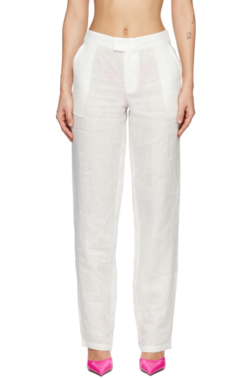 Wide-leg plain-woven cotton trousers. 

· Two-pocket styling 
· Zip-fly 
· Adjustable button tabs at back waistband 

Supplier color: White