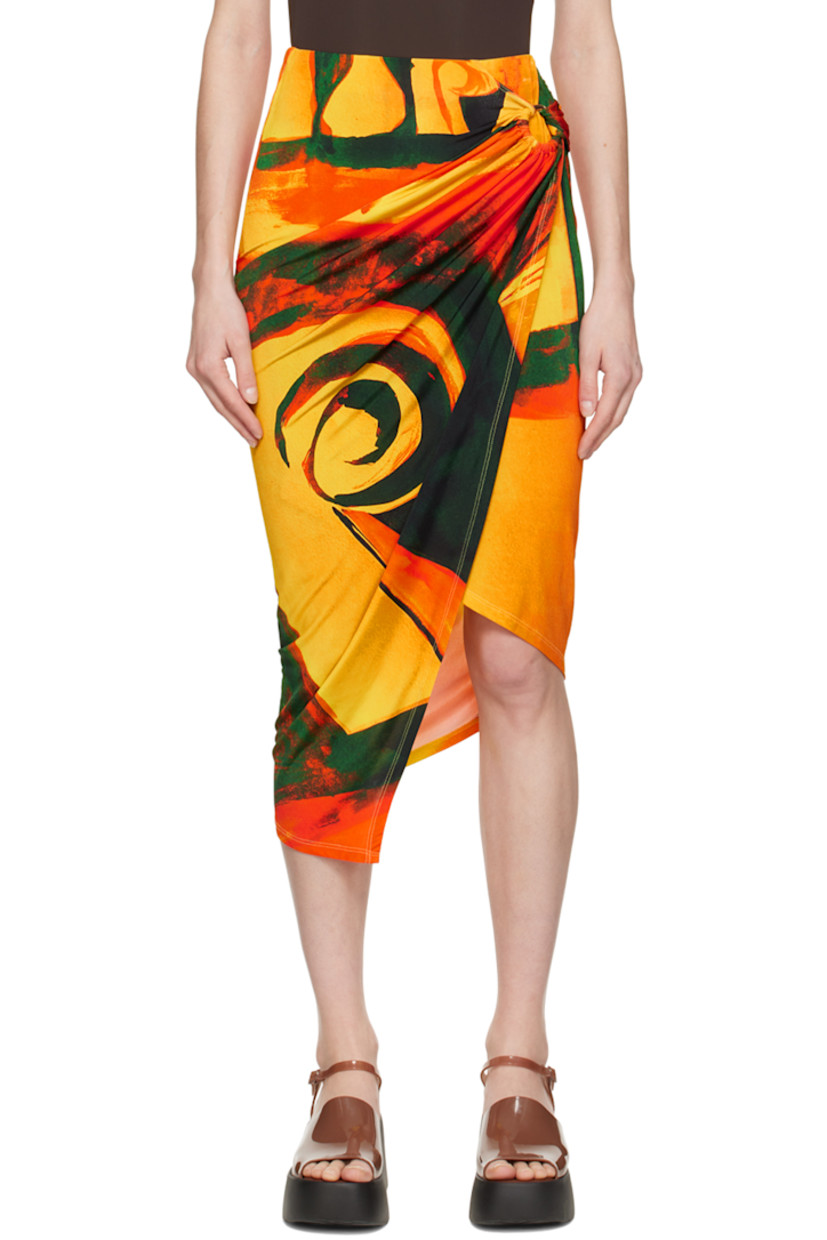 Stretch viscose jersey skirt. Pattern printed throughout.  

· Wrap construction
· O-ring and cutout at side seam
· Asymmetric hem
· Unlined

Supplier color: Checkmate