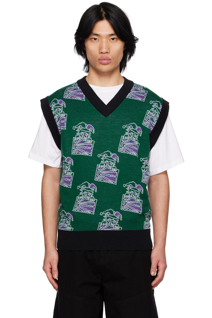 Knit wool and acrylic-blend vest. Jacquard graphic pattern throughout.

· Rib knit V-neck, hem, and armscyes
· Logo flag at side seam 

Supplier color: Green