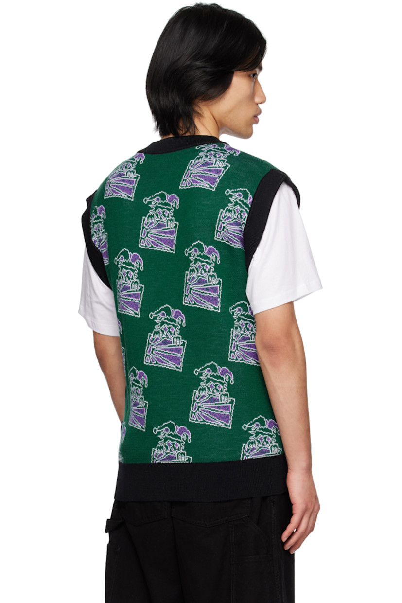 Knit wool and acrylic-blend vest. Jacquard graphic pattern throughout.

· Rib knit V-neck, hem, and armscyes
· Logo flag at side seam 

Supplier color: Green