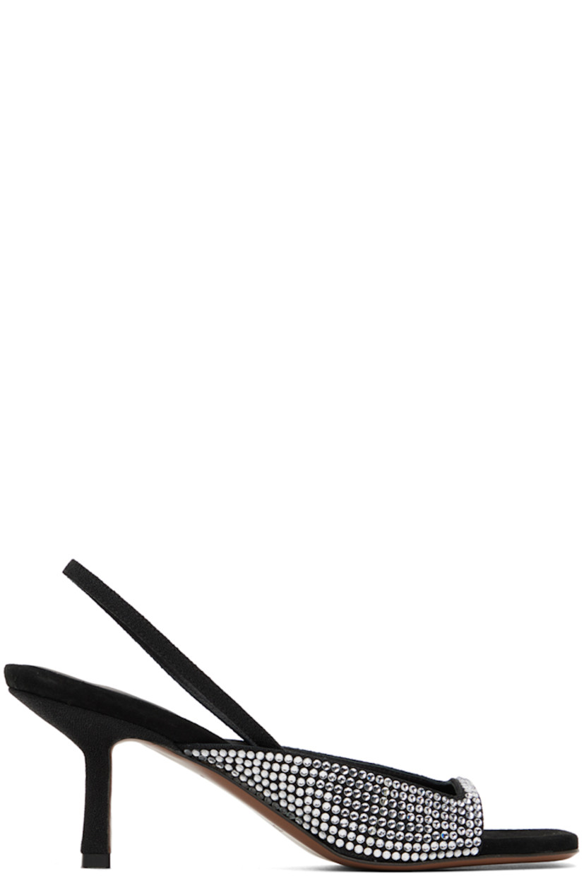 Goatskin suede heeled sandals in black. Crystal-cut accents throughout.

· Open square toe 
· Partially elasticized sling-back strap 
· Buffed goatskin footbed and lining
· Covered kitten heel with rubber injection
· Goatskin sole
· Heel: H2.5 in

Supplier color: Black