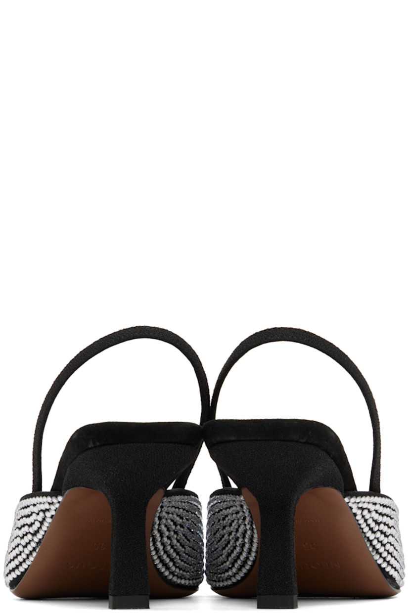 Goatskin suede heeled sandals in black. Crystal-cut accents throughout.

· Open square toe 
· Partially elasticized sling-back strap 
· Buffed goatskin footbed and lining
· Covered kitten heel with rubber injection
· Goatskin sole
· Heel: H2.5 in

Supplier color: Black