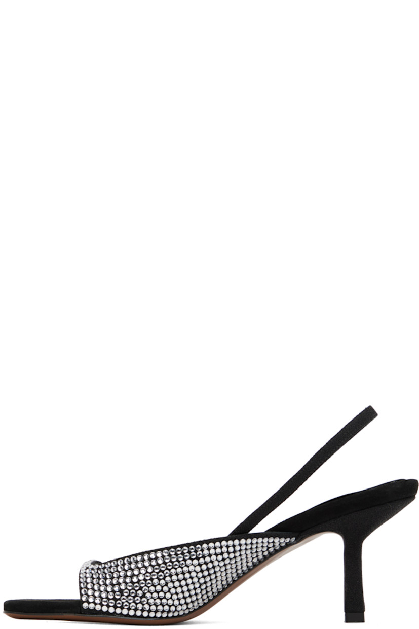 Goatskin suede heeled sandals in black. Crystal-cut accents throughout.

· Open square toe 
· Partially elasticized sling-back strap 
· Buffed goatskin footbed and lining
· Covered kitten heel with rubber injection
· Goatskin sole
· Heel: H2.5 in

Supplier color: Black