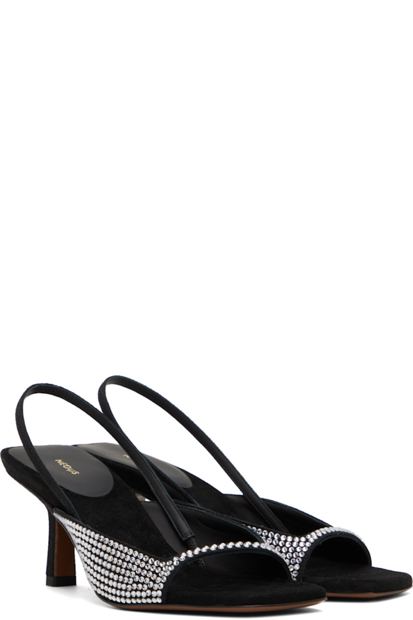 Goatskin suede heeled sandals in black. Crystal-cut accents throughout.

· Open square toe 
· Partially elasticized sling-back strap 
· Buffed goatskin footbed and lining
· Covered kitten heel with rubber injection
· Goatskin sole
· Heel: H2.5 in

Supplier color: Black