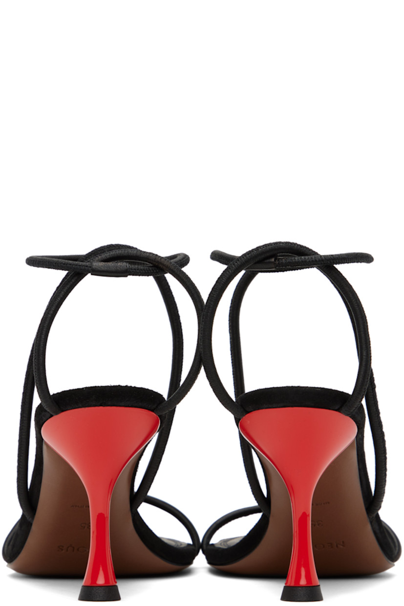 Handcrafted suede and grained nappa leather heeled sandals in black. 

· Open round toe 
· Criss-crossing straps at vamp 
· Gold-tone logo stamp at padded footbed 
· Covered kitten heel with rubber injection 
· Leather sole
· Heel: 2.75 in 

Supplier color: Black