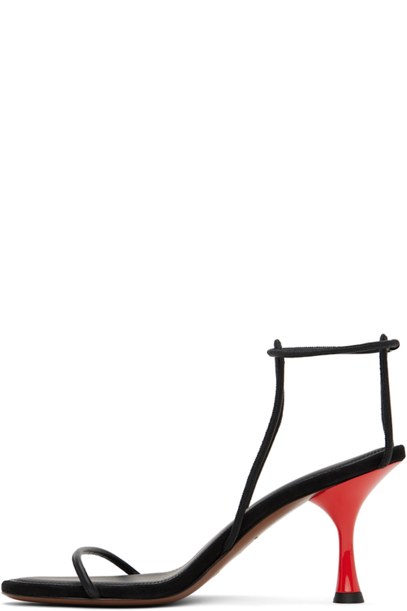 Handcrafted suede and grained nappa leather heeled sandals in black. 

· Open round toe 
· Criss-crossing straps at vamp 
· Gold-tone logo stamp at padded footbed 
· Covered kitten heel with rubber injection 
· Leather sole
· Heel: 2.75 in 

Supplier color: Black