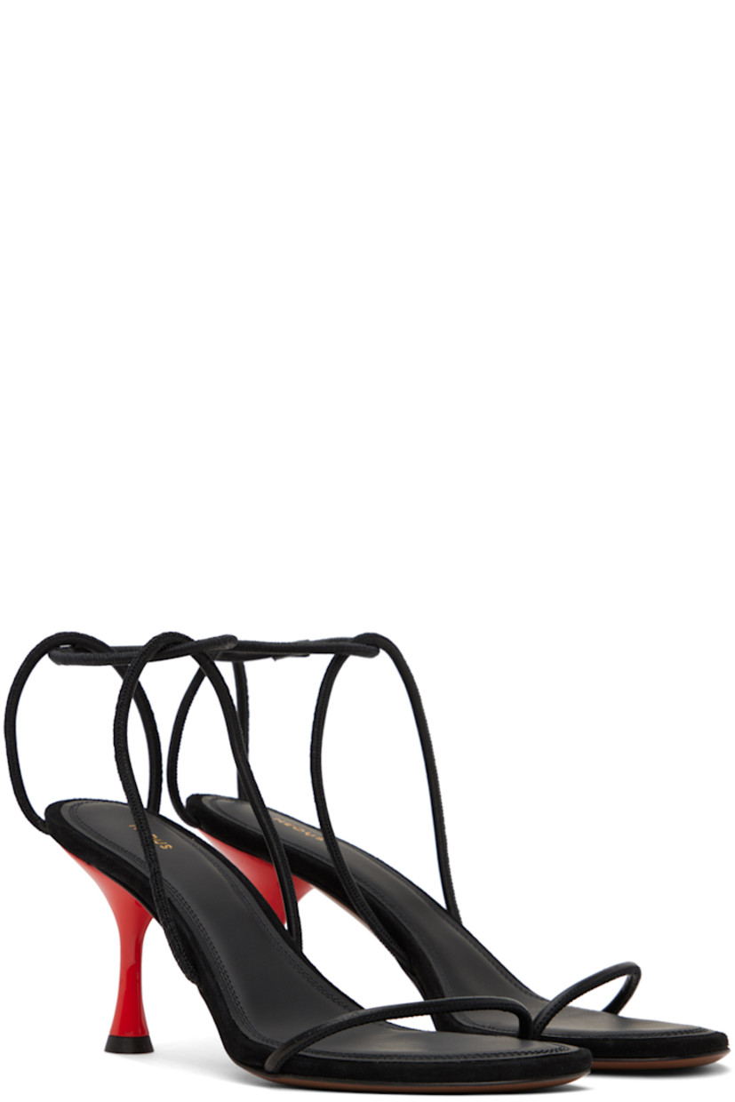 Handcrafted suede and grained nappa leather heeled sandals in black. 

· Open round toe 
· Criss-crossing straps at vamp 
· Gold-tone logo stamp at padded footbed 
· Covered kitten heel with rubber injection 
· Leather sole
· Heel: 2.75 in 

Supplier color: Black