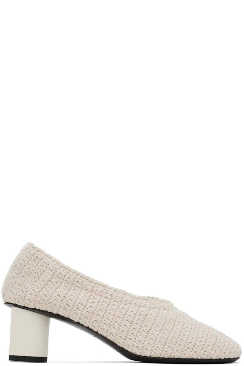 Crocheted cotton heels in off-white. 

· Partial buffed leather lining
· Covered block heel with rubber injection
· Leather sole
· Heel: H2 in

Supplier color: Ivory
