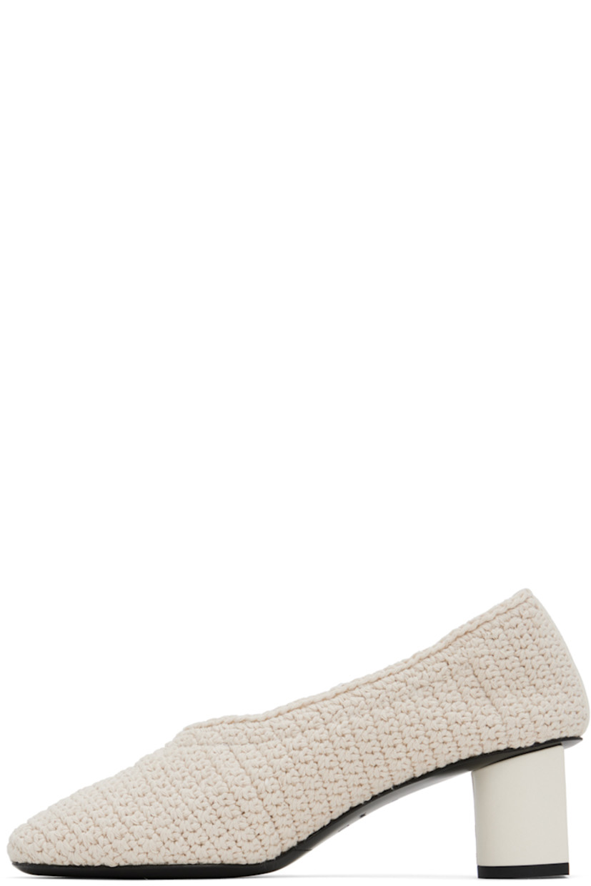 Crocheted cotton heels in off-white. 

· Partial buffed leather lining
· Covered block heel with rubber injection
· Leather sole
· Heel: H2 in

Supplier color: Ivory