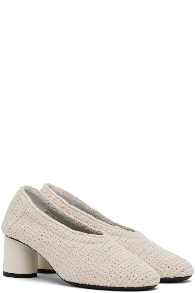 Crocheted cotton heels in off-white. 

· Partial buffed leather lining
· Covered block heel with rubber injection
· Leather sole
· Heel: H2 in

Supplier color: Ivory