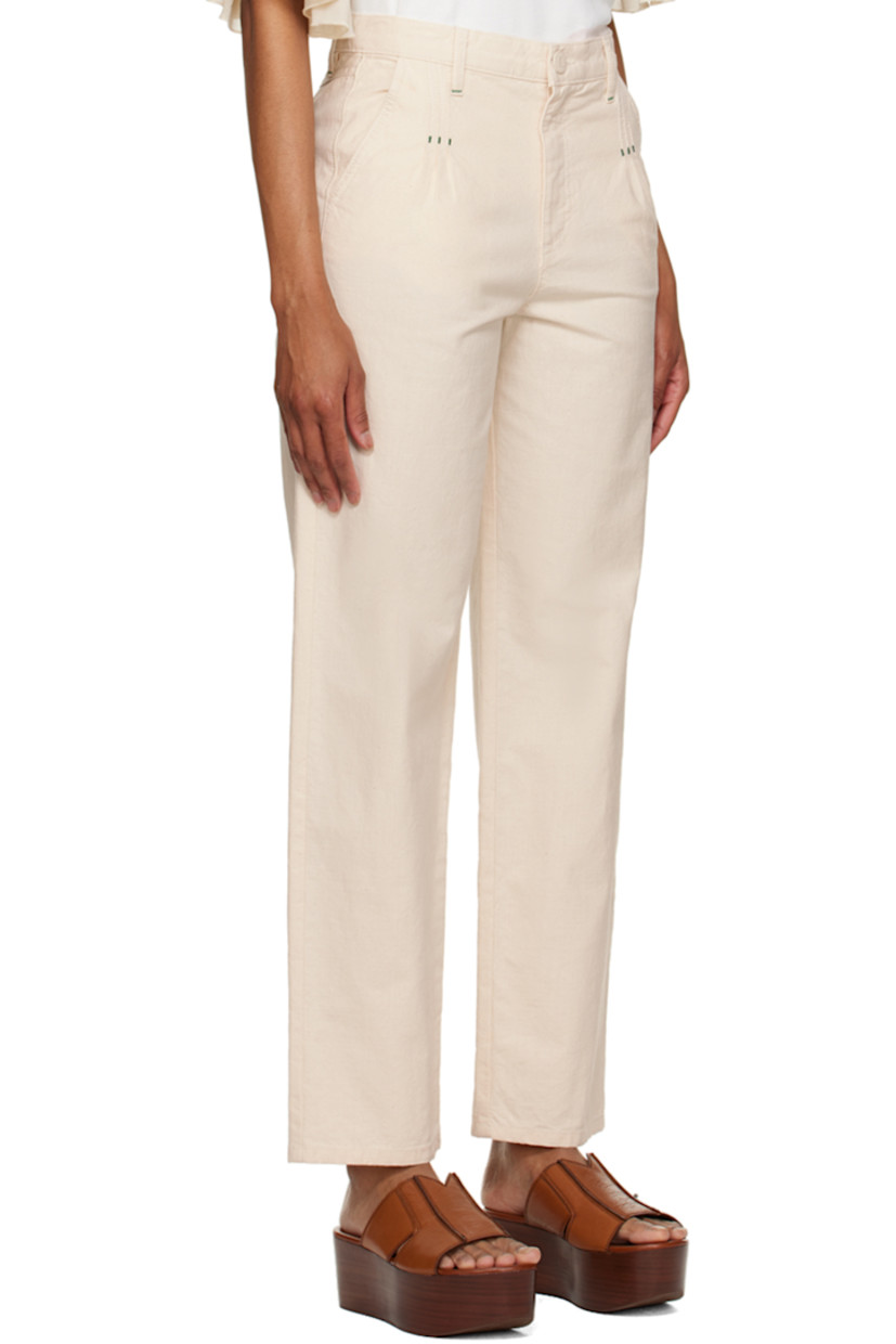 Non-stretch denim jeans.

· Belt loops
· Four-pocket styling
· Pleat detailing at front
· Zip-fly

Supplier color: Antique white