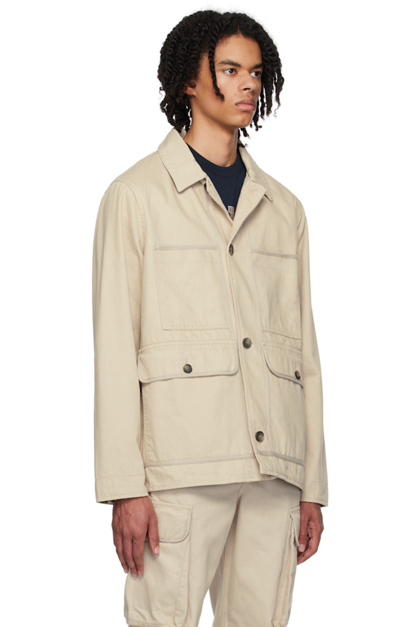 Cotton twill jacket. 

· Spread collar 
· Button closure 
· Welt and flap pockets 
· Logo flag at side seam
· Single-button barrel cuffs 
· Stripes at back hem 
· Patch pockets at interior 
· Partial plain-woven cotton lining 

Supplier color: Warm grey