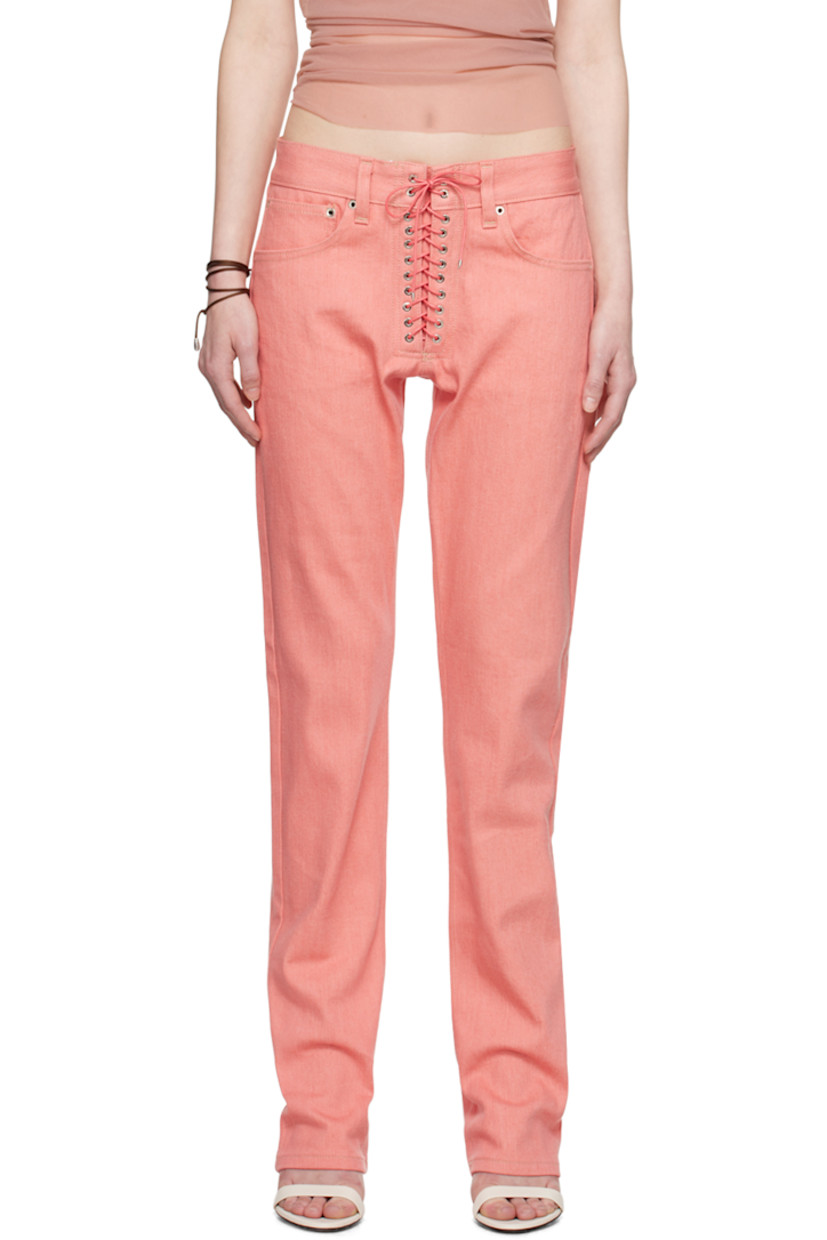 Non-stretch denim jeans. Eyelets throughout. 

· Belt loops 
· Five-pocket styling 
· Lace-up closure
· Embroidered logo patch at back waistband 
· Contrast stitching in tan 

Supplier color: Pink