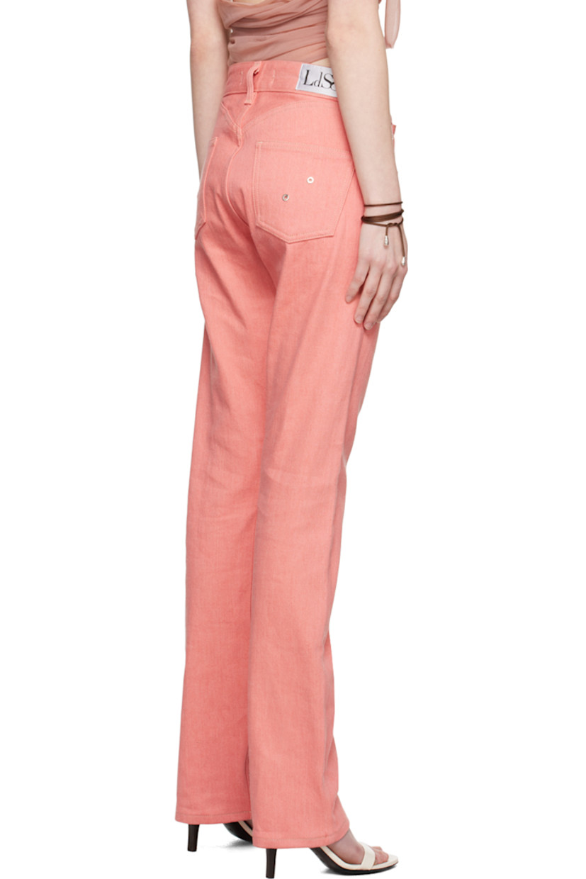 Non-stretch denim jeans. Eyelets throughout. 

· Belt loops 
· Five-pocket styling 
· Lace-up closure
· Embroidered logo patch at back waistband 
· Contrast stitching in tan 

Supplier color: Pink