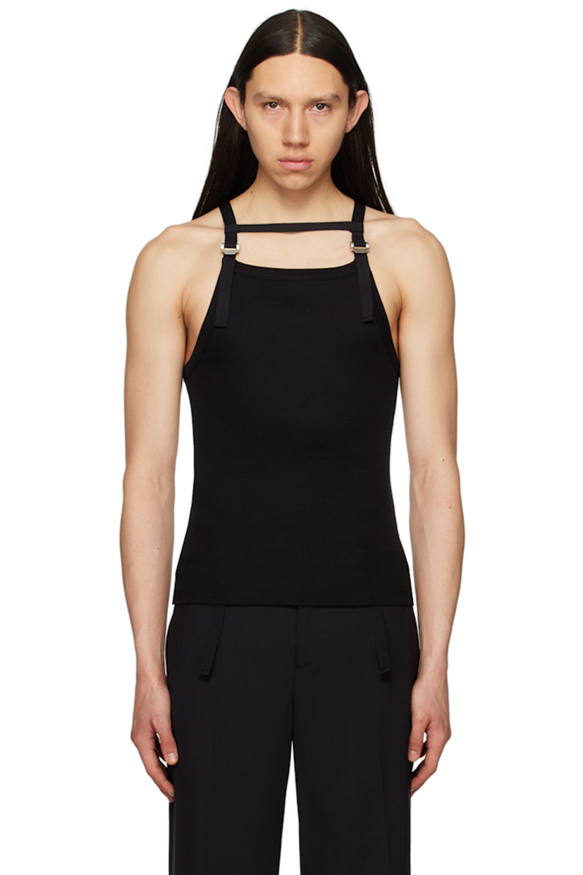 Stretch rib knit organic cotton tank top. 

· Harness-style straps at square neck
· Cropped hem
· Logo hardware at adjustable elasticized shoulder straps

Supplier color: Black