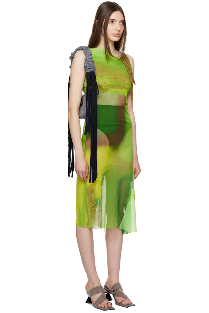 Semi-sheer nylon mesh dress. Raw edges and graphic pattern printed throughout.

· Layered construction
· Asymmetric neck and hem
· Gathering at side seams
· Knotted accents at shoulder strap
· Cutout at back
· Unlined

Supplier color: Acid green