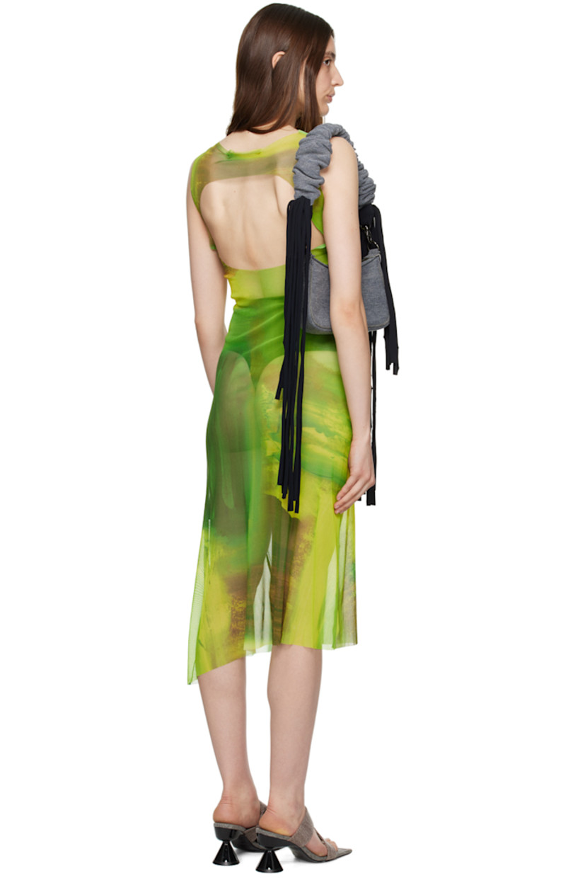 Semi-sheer nylon mesh dress. Raw edges and graphic pattern printed throughout.

· Layered construction
· Asymmetric neck and hem
· Gathering at side seams
· Knotted accents at shoulder strap
· Cutout at back
· Unlined

Supplier color: Acid green