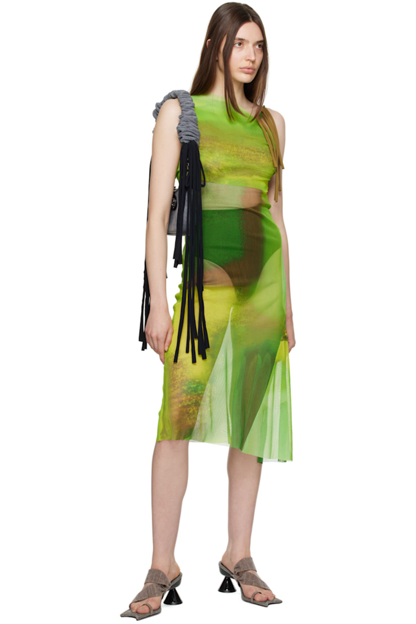 Semi-sheer nylon mesh dress. Raw edges and graphic pattern printed throughout.

· Layered construction
· Asymmetric neck and hem
· Gathering at side seams
· Knotted accents at shoulder strap
· Cutout at back
· Unlined

Supplier color: Acid green